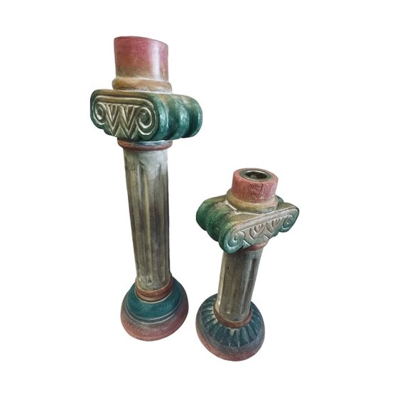 Vintage Pier 1 Pink Green Hand Painted Aztec Pillar Candlestick Holder‎ Pair 13" - Picture 9 of 12